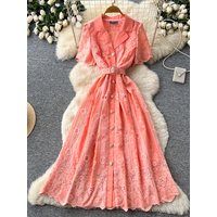 Romantic Lace Hollow out Short Sleeve Women's Dress A-Line Skirt Slimming Commute High-End Feeling Summer Polyester Fiber