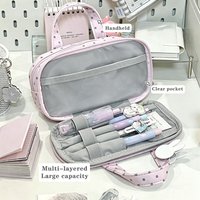 Pink Polka Dot Plaid Pencil Case Handheld Multi-Compartment Pen Bag with Clear Itabag Large Capacity Stationery Bag Gift