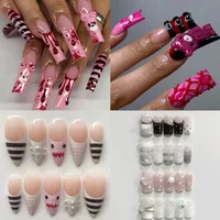 Sweet Lovely 3D Rilakkuma Long Coffin Handmade Press On Nails Music Note Bowknot Flower Gradients Stripes Polka Point Fake Nails