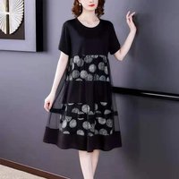 Large Size Women Short Sleeve Dress New Summer Fake Two Pieces Print Mother Dress Fashion Middle-aged Female Black Vestido 4XL