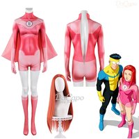 Invincible Pink Atom Samantha Eve Cosplay Jumpsuit Pink Cloak Sock Superhero Cape Costume Anime Bodysuit Halloween Onsie Wig
