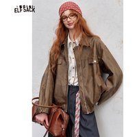 ELFSACK 2025 Autumn New Arrival Streetwear Solid Color Vintage Texture Leather Jacket Zip Up Biker Coat For Woman