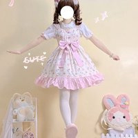 Sweet Lolita JSK Dress Suspenders Dresses Female Soft Girls Bow Cute Cartoon Printed Party Women Ruffles Dress