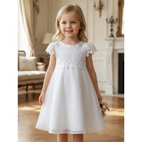 Young Girls Cute and Elegant Princess Dress Little Girl White Silk Crepe Evening Gown with Lace Wedding Flower Peddler Dress