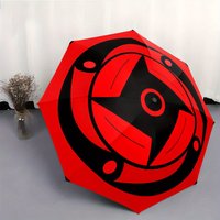A Red And Black Automatic Folding Umbrella Featuring a Design Inspired by Sharingan. It'S a Portable And Collapsible Accessory