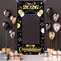 Black Gold Polyester Photo Booth Props Congratulation Graduation Background Frame for Class of 2026 Graduation Party Supplies