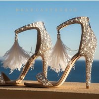 Women Sandals Summer Sexy open toe Pumps Rhinestone Zipper Feather High Heel Apricot Women Wedding Pumps Shoes Big size 34-43