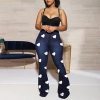Denim Flare Pants Jeans Women Boot Cut Heart Print High Waist Stretch Pockets Distressed Washed Floor Length Trousers