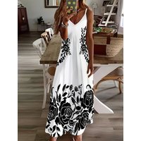 Printed Design Casual Simple Black and White Contrasting Rose Slip Maxi Dress