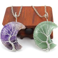 Natural Crystal Pendant Wire Wrap Tree Of Life Big Moon Crescent Mineral Stone Pendulum Amethyst Quartz Necklace For Women Gift