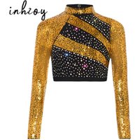 Kids Girls Jazz Hip-hop Dance Tops Mock Neck Long Sleeve Sequin Rhinestones Cutout Back Crop Top for Gymnastics Performance