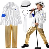 Kids Michael Jackson Cosplay Costume White Stripe Suit Gold Pants Full Set Hat Tie Armband Pop Star Halloween Carnival Outfit