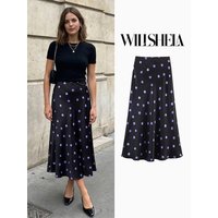Willshela Women Fashion Dot Printed Pleated A-Line Midi Skirt Vintage High Elastic Waist Female Chic Lady Skirts