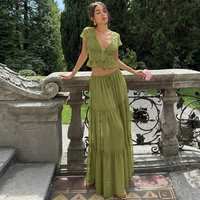 Mingmingxi Fashion Chiffon Skirt Set 2 Piece Outfit Short Sleeve Top and Maxi Skirt Lace V Neck Sexy Dress Casual Wear for Women