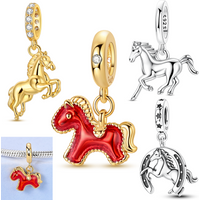 Golden Red Horse Charms Bead 925 Sterling Silver Cute Little Horse Pendants Fit Original Bracelet DIY Marking Jewelry Gift