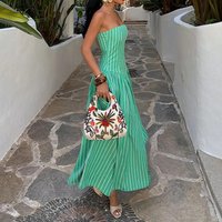 New Striped Print Swing Long Dress Sexy Strapless Hollow Out Women's Holiday Dress Ladies Casual Pleated Pocket Beach Dresses