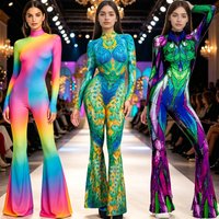 Women's Rainbow Gradient Flare Leg Jumpsuit Music Festival Party Peacock Feather Print Bodysuit Carnival Cosplay Rave Outfits