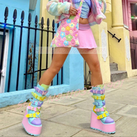 Butterfly Buckle Mid Calf Platform Boots Women Multicolor Wedge Heel Round Toe Color Mixing Boots Kawaii Pastel Goth Shoes
