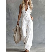 Summer Elegant V-neck Party Jumpsuit Women Casual Sleeveless Pocket Solid Color Party Romper Fashion Button Linen Playsuits
