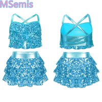 Kids Girls Glittery Sequins Dance Sets Tiered Ruffles Cross Back Metallic Crop Top with Culottes for Jazz Performance Costume image 4
