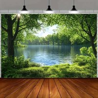 Natural backdrop by the forest river: lush trees, green leaves under the sun, and the serene river scenery