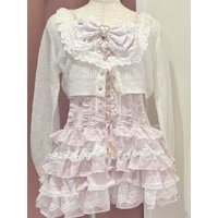 Japanese Sweet Lolita 2 piece Cardigan Lace Floral Dress Set Women Bowknot Ruffle Mini Dress Long Sleeve Knit Cover Up Outfit