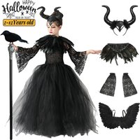 Halloween Maleficent Costume for Girls Evil Queen Dress Up Costumes Witch Devil Black Mesh Princess Dress Cosplay