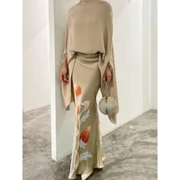 Modigirl Women's Elegant Two Pieces Set 2025 New Batwing Sleeves Wrap Shirt Top High Wiast Floral Printed Skirts Evening Suits