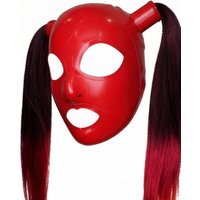Red Rubber Hood Mask Women with Ombre Pigtails Breathable Open Rubber Design Cosplay