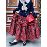Japanese Sweet Multi-layer Ruffle Edge Bow Plaid Skirt Women Girls Niche Elastic High Waist Loose A-shaped Long Skirt Lolita