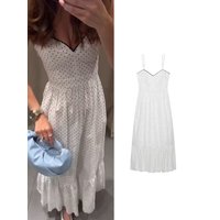 TFMLN Summer Elegant Polka Dot Print Dress For Women Beach Strappy Dress Long Fitted Embroidery Hollow Out Fashion Lady Outfit