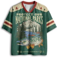 Vintage Forest Mountain Trout National Park Retro Print Green Red Color Block Mesh V Neck Loose Football Jersey T-shirt