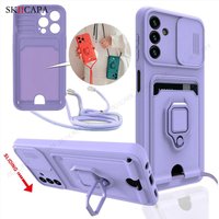 Slide Lens Card Slot Case for Samsung A15 A25 A35 A55 A05 A05S A24 A34 A54 A14 A13 5G A32 Crossbody Lanyard Strap Silicone Cover