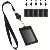 5PCS Badge Holders Leather Card,ID Card Holder Retractable Lanyard Neck Strap with 1 ID Window and 2 Card Slot ID Card Holder