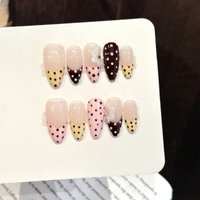 10pcs Vintage Almond Press On Nails With 3D Polka Dot Flower Design Pink Yellow Brown Sweet Pattern Handmade Fake Nail For Women