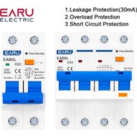 Disjoncteur différentiel EARU 2P 4P RCBO AC 230V 400V, protection contre les surcharges, les courts-circuits et les fuites, type C, MCB RCCB
