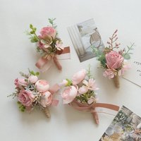 Wedding Artifical Flowers Silk Rose Boutonniere Ribbion Wrist Corsage Botonier Para Novio Boda