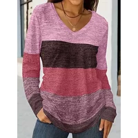 Plus Size 1XL-5XL Women's All-Season Fashion V-Neck Color Block T-Shirt Women Long Sleeve Striped Top Comfort Clothing