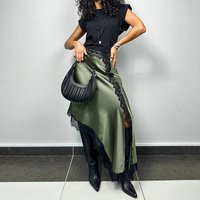 KELLYTOWN Asymmetric Satin Skirt Black Lace Trim Green Skirt Mid Calf Street Chic Retro Elegant Skirts 2026 Summer Clothes