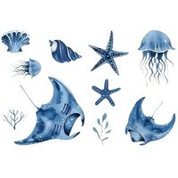 【SA】【YA】Blue Tone Marine Life Glass Sticker Bathroom Sink Decorative Decal Wall Sticker Self-Adhesive Removable Home Decoration