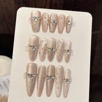 Crystal Cat's Eye Glitter False Nails 10pcs Handmade Press On Nails With Rhinestones Nude Shimmer Reusable Fake Nails For Women