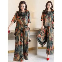 Summer 2026 Women's Loose Print Two-Piece Set Student Fashion Wide Leg Pants Casual Comfortable Quality Chinese Made