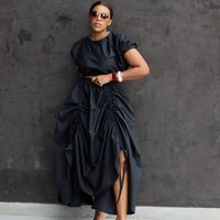 Women's Black Two Piece Set Short Puff Sleeve Crop Top Ruched Drawstring Wide Leg Loose Pant Set Casual Streetwear