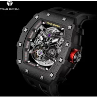TSAR BOMBA Men's Automatic Mechanical Watch Tonneau Shaped Skeleton Wristwatch 50M Water Resistance Sapphire Crystal Gift