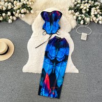 2025 New Women's Summer Sexy Lace Up Tight Sleevless Bra Top And Fashion Design Print Mini Long Half Skirt Two Piece Set