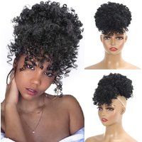Afro Puff Drawstring Ponytail with Bangs Pineapple Updo Hair for Black Women, Short Kinky Curly Synthetic Ponytail Bun