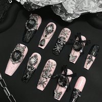 10 pieces of hand-pressed coffin-shaped nails, beautiful fake nails, Gothic black powder black diamond, suitable for women