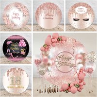Pink Golden Glitter Happy Birthday Party Round Backdrop Cover Customized Name Adult Birthday Circle Photography Background Props