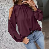 Haut plissé à manches longues et épaules dénudées pour femme, couleur propre, feuille de Lotus, col rond, nouvelle collection automne et hiver