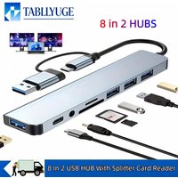 8-in-2 USB+C-type hub expansion base with 3.5mm audio jack adapter suitable for micro SD card readers tablets laptops disk